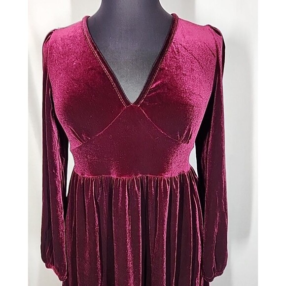 Halara Burgundy Velvet Deep V Neck Long Sleeve Ruffle Hem Dress Size XL - Picture 5 of 9